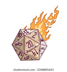 20 sided dice with numbers. Cartoon dice for fantasy dnd and rpg Board game. Magic fire isolated on white. Hand drawn Illustration svg