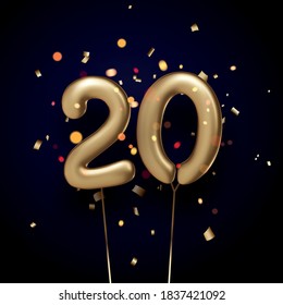 20 sign golden balloons with threads on black background with confetti. Vector festive illustration.
