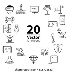 20 Simple Games Related Vector Line Icons. - stock vector