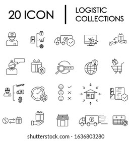 20 Simple Set Collection of Logistic Package Delivery Related Vector Line Icons. Contains such Icons as Warehouse, Worldwide Shipping, Costumer Care and more.