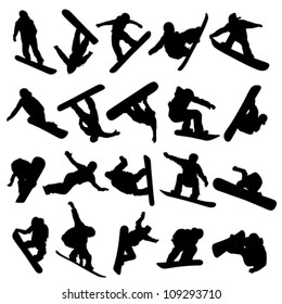 20 snowboarders outlines on a white background