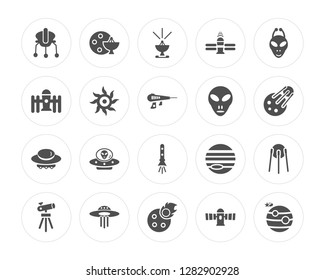 20 Space Lander, Radar Pointing Up, Meteorite Falling, UFO, Telescope Extraterrestial Head modern icons on round shapes, vector illustration, eps10, trendy icon set.