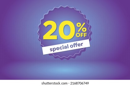 20, 20%, special offer board in purple, yellow and white