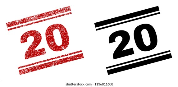 20 stamp seal print with red grunge and clean black version. Red vector rubber print of 20 text with retro style. Tags are placed between double parallel lines.