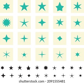 20 star sparkle isolated vector set in blue and black color.