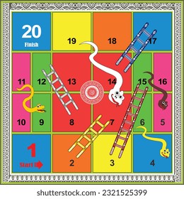 20 steps snakes and ladders board game with batik background is ready to print