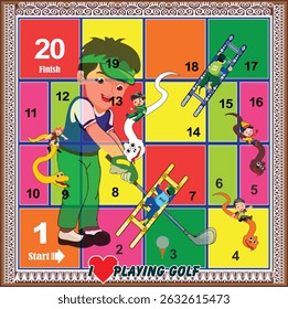 20 steps Snakes and Ladders board game with sports theme: I Love Playing Golf. Editable and ready to print.