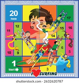 20 Steps Snakes and Ladders Board Game with Sports Theme: I Love Surfing.
Editable and ready to print.