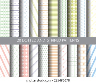 20 striped and dotted seamless patterns, vector, Textures for wallpaper, fills, web page background, surface. 