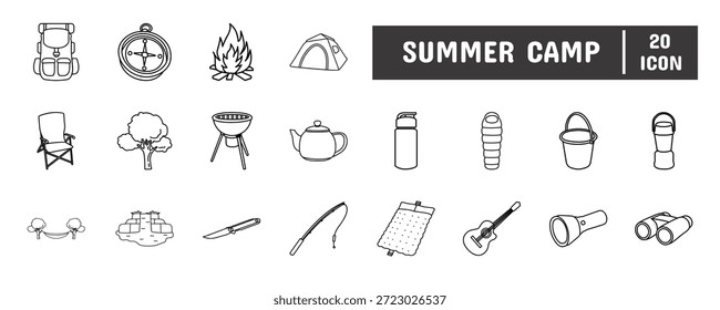 20 Summer Camp Line Icon Illustration Set