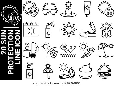 20 sun protection line icon, black and white