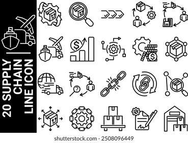 20 supply chain line icon, black and white