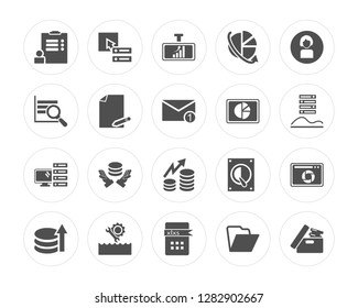20 Survey, Database, Xlsx, Streaming, Demographic, Dashboard, Data, Computer, File modern icons on round shapes, vector illustration, eps10, trendy icon set.