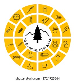 20 Survival item icons, Camping, hiking, wilderness, adventure, forest. vector.