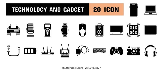 Illustrationssatz für 20 Technologie- und Gadget-Glyphen