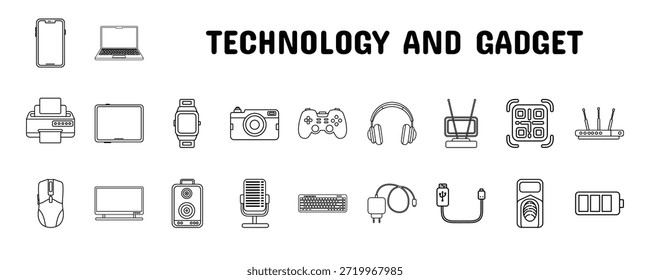 Illustrationssatz für 20 Technology- und Gadget-Linien-Symbole
