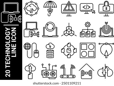 20 technology line icon, black and white