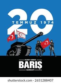 20 Temmuz 1974, Kuzey Kıbrıs Barış Harekatı. Translated: July 20 1974, Northern Cyprus Peace Operation, Vector Illustration.