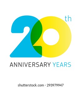 20 anos celebrando logo clássico. Ano de aniversário de 20 números vetoriais. Saudações de aniversário comemora com transparência. Dígitos tradicionais de idades jubilares. Letra colorida O.