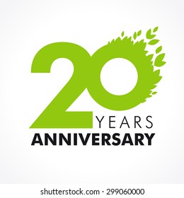 20 th anniversary numbers. 20s years old logotype. Age congrats, congratulation concept with leaves. Isolated abstract graphic design template. Herbal digits, up to 20% percent off discount. Eco label