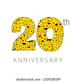 20 th anniversary numbers. 20 years old yellow coloured logotype. Age congrats, congratulation idea. Isolated abstract graphic design template. Creative 2, 0 digits. Up to 20% percent off discount.