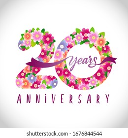 20 th anniversary numbers. 20 years old logotype. Floral pink congrats. Isolated abstract graphic design template. Creative holiday digits with vector mask. Up to 20%, -20% percent off discount.