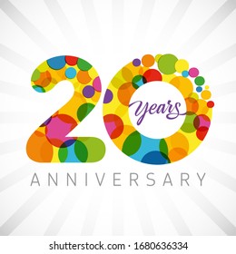 20 th anniversary numbers. 20 years old multicolored congrats. Cute congratulation concept. Isolated abstract graphic design template. Age digits. Up to 20%, -20% percent off discount. Decorative sign