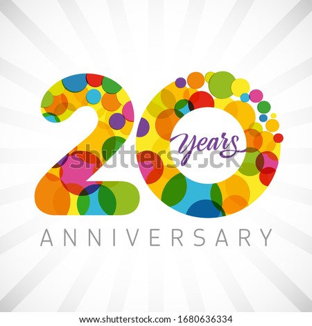 20 th anniversary numbers. 20 years old multicolored congrats. Cute congratulation concept. Isolated abstract graphic design template. Age digits. Up to 20%, -20% percent off discount. Decorative sign