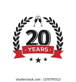 20 th birthday vintage logo template. Twentieth years anniversary retro isolated vector emblem with red ribbon and laurel wreath on white background. svg