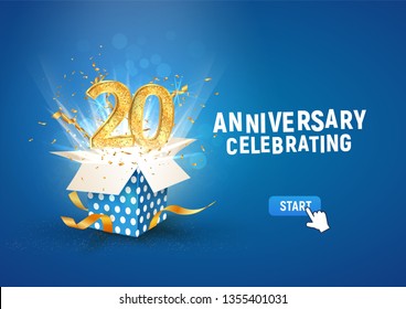 20 th years anniversary banner with open burst gift box. Template twentieth birthday celebration and abstract text on blue background vector illustration