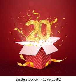 20 th years number anniversary and open gift box with explosions confetti isolated design element. Template twenty twentieth birthday celebration on red background vector Illustration.