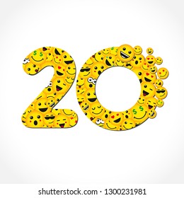 20 th years old congrats. Isolated yellow letter O logotype. Abstract web graphic symbol of 20 %. Vector label template design. Round shape digits, up to -20 % percent off. Discount business sign