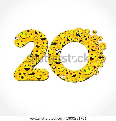 20 th years old congrats. Isolated yellow letter O logotype. Abstract web graphic symbol of 20 %. Vector label template design. Round shape digits, up to -20 % percent off. Discount business sign