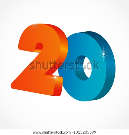 20 th years old congrats. Isolated abstract colored graphic design template. Up to 20 or -20 % off logotype. Round shape 0. Red 2 and blue null flying digits. Discount emblem on white background.