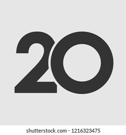 Logotipo de 20 años. Símbolo gráfico abstracto simple aislado del 20%. Plantilla de diseño de número de corte elegante recto. Dígitos de forma redonda, hasta un 20% de descuento. Emblema en estilo minimalista.