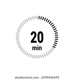 20 timer minutes symbol icon vector black style isolated on white background. Clock, stopwatch, sport icon