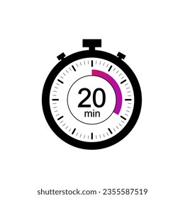 20 timer minutes symbol, 20 min timer clock icon flat design isolated on white background.