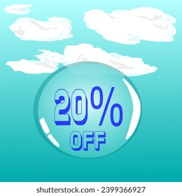 20% burbuja de jabón transparente en cielo azul para descuento y promoción, colores azul y blanco