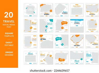 20 Travel Social media bundle collection, Brush effect adventure social media layout set, business square social media template