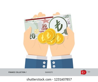 20 Turkish Lira Banknote and coins in the palm of hands. Flat style vector illustration. Finance concept.