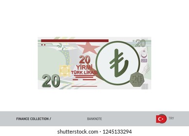 20 Turkish Lira Banknote. Flat style highly detailed vector illustration. Isolated on white background. Suitable for print materials, web design, mobile app and infographics. 