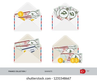 20 Turkish Lira Banknote. Set of flat style opened envelopes with cash. Isolated white paper envelope with moneys. Finance concept.