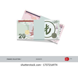 20 Turkish Lira banknotes. A bundle of money. Flat style vector illustration.
