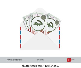 20 Turkish Lira Banknotes in envelope. Flat style opened white envelope with cash. Salary payout or corruption concept.