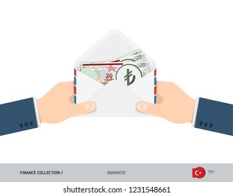 20 Turkish Lira Banknotes in envelope hold in hand. Flat style opened white envelope with cash. Salary payout or corruption concept.