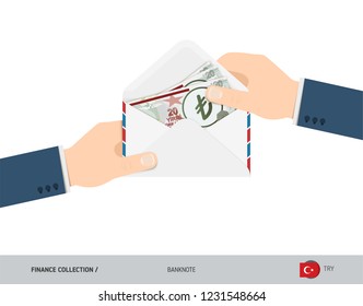 20 Turkish Lira Banknotes in envelope hold in hand. Flat style opened white envelope with cash. Salary payout or corruption concept.