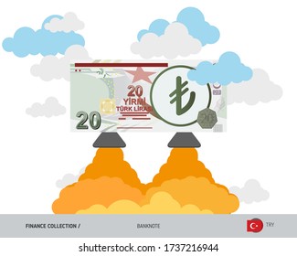20 Turkish Lira rising as a rocket. Flat style vector illustration.