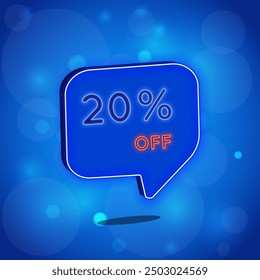 20%. twenty percent discount. neon style. Selling special offers. A neon style balloon advertisement for a shopping day retail advertising campaign. blue background with polka dots. vector illustratio