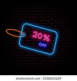 20%. twenty percent off. blue label. neon lettering template. Brand design in pink and blue colors. illustration for advertising, isolated percentages, sale tag, percentage. neon style. brick wall bac