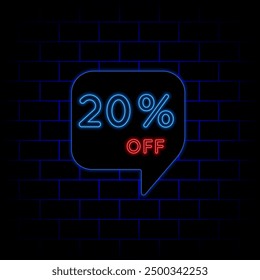 20% twenty percent off neon letters. vector illustration. brick background. in blue and red colors.